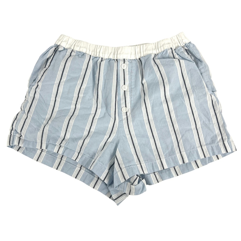 Petite Plume Womens XS Blue White Striped Cotton Pajama Lounge Shorts Pockets